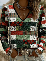 Women's Christmas Tree Patchwork Print V-Neck T-Shirt