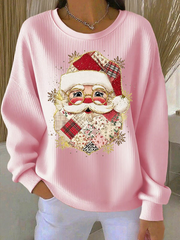 Women's Santa Claus Print  Ribbed Round-Neck Sweatshirt