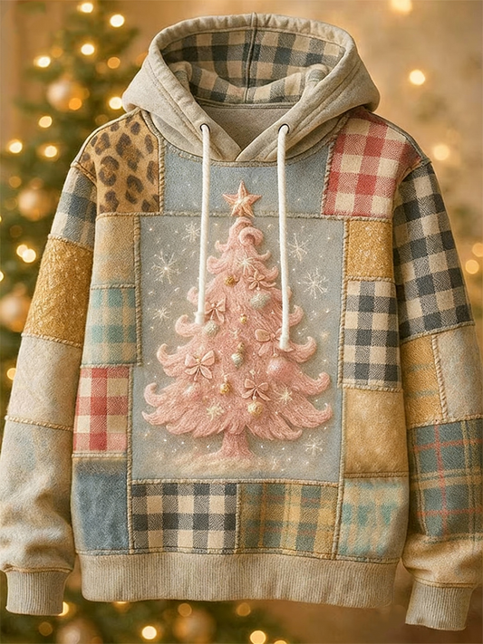 Women's Christmas Tree Patchwork Print Drawstring Hoodie