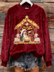 Women's Winter Flannel Nativity Print Crew Neck Top