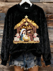 Women's Winter Flannel Nativity Print Crew Neck Top