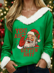 Women's You Ain't Gettin' Shit Santa Claus Print Faux Fur Collar Sweatshirt