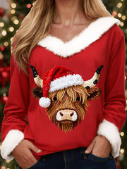 Women's Christmas Hat Highland Cow Hair Collar Sweatshirt