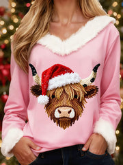 Women's Christmas Hat Highland Cow Hair Collar Sweatshirt