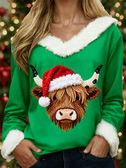 Women's Christmas Hat Highland Cow Hair Collar Sweatshirt