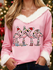 Women's Christmas Flamingo Print Casual Fur Collar Top