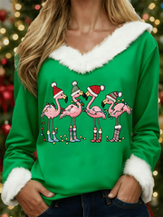 Women's Christmas Flamingo Print Casual Fur Collar Top