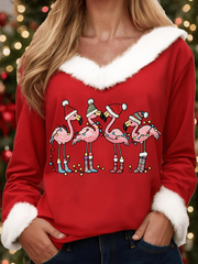 Women's Christmas Flamingo Print Casual Fur Collar Top