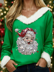 Women's Santa Claus Print Casual Fur Collar Top