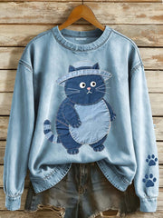 Women's Denim Patchwork Art Fat Cat Pattern Sweatshirt