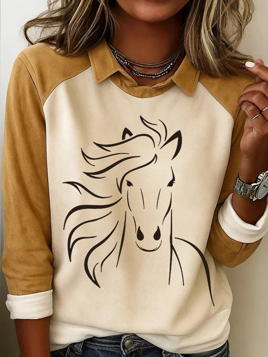 Women's Retro Horse Print Horse Lovers Casual Sweatshirt