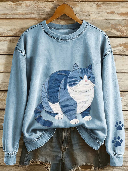 Women's Cute Fat Cat Patchwork Art Sweatshirt