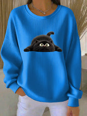 Women's Funny Black Cat Ribbed Round-Neck Sweatshirt