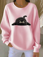 Women's Funny Black Cat Ribbed Round-Neck Sweatshirt