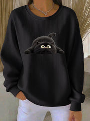 Women's Funny Black Cat Ribbed Round-Neck Sweatshirt