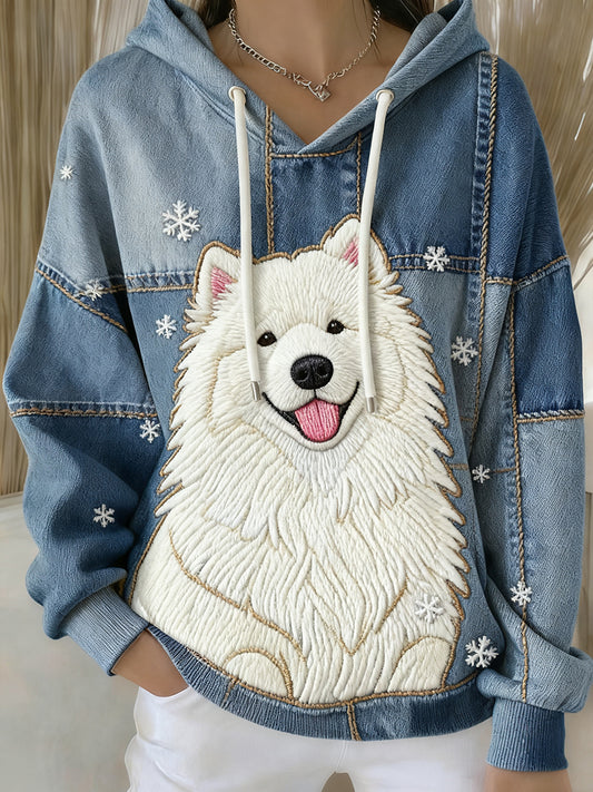 Women's Vintage Dog Art Print Casual Drawstring Hoodie