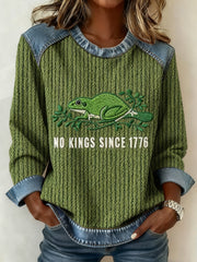 Women's NO KINGS SINCE 1776 Portland Frog Embroidered Print Denim Panel Sweatshirt