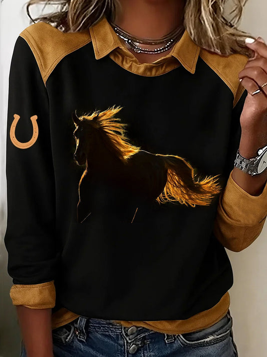 Women's Retro Horse Print Horse Lovers Casual Sweatshirt
