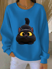 Women's Funny Black Cat Ribbed Round-Neck Sweatshirt
