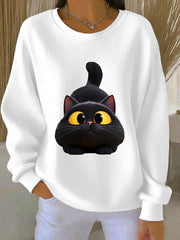 Women's Funny Black Cat Ribbed Round-Neck Sweatshirt