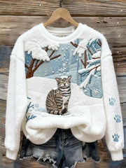 Women's Christmas Lovely Cat In Snowy Forest Cozy Print Casual Plush Sweatshirt