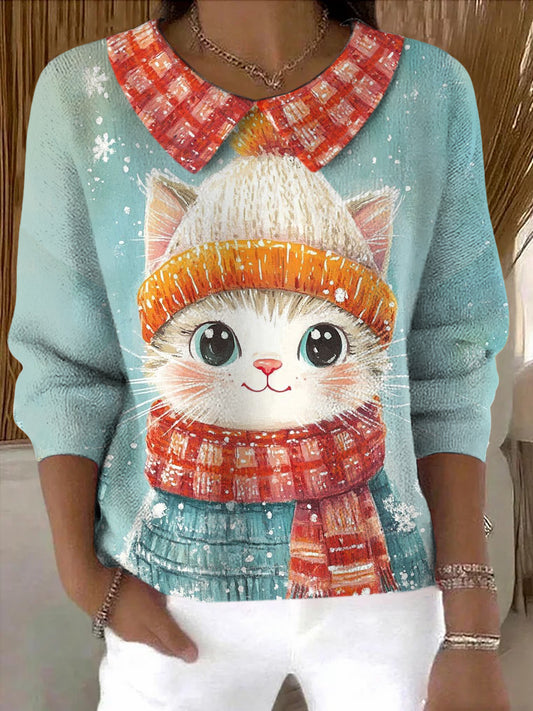 Women's Winter Cat Art Print Sweater