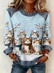 Women‘s Cute Winter Cat Print Cat Lovers Casual Sweatshirt