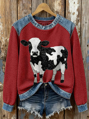 Women's Cow Print Waffle Sweatshirts