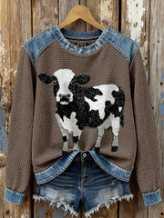 Women's Cow Print Waffle Sweatshirts