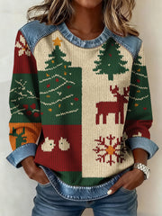 Women's Christmas Contrast Patchwork 3D Print Denim Sweatshirt