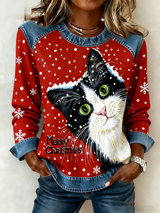 Women's Vintage Christmas Cat Denim Patchwork Sweatshirt