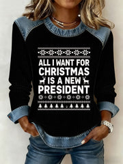 Women's All I Want For Christmas Is A New President Denim Patchwork Waffle Top