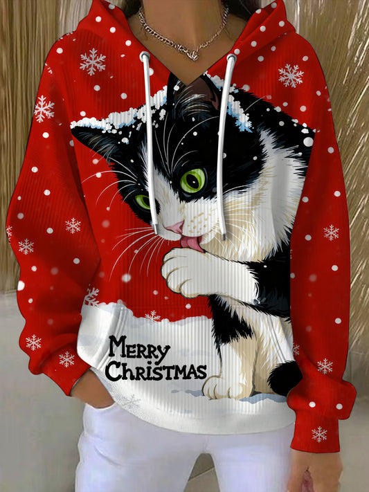 Women's Vintage Christmas Cat Printed Hoodie