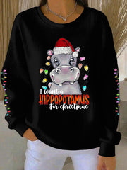 Women's I Want A Hippopotamus For Christmas Print Ribbed Round-Neck Sweatshirt
