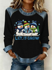 Women's Christmas Let It Snow Denim Patchwork Waffle Top
