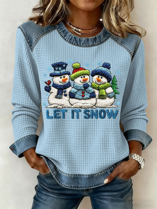 Women's Christmas Let It Snow Denim Patchwork Waffle Top