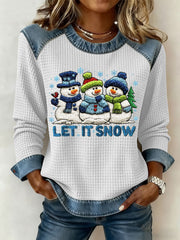 Women's Christmas Let It Snow Denim Patchwork Waffle Top