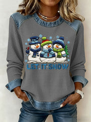 Women's Christmas Let It Snow Denim Patchwork Waffle Top