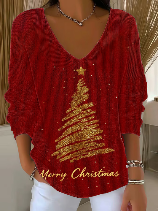 Women's Christmas tree print V-Neck Ribbed Top