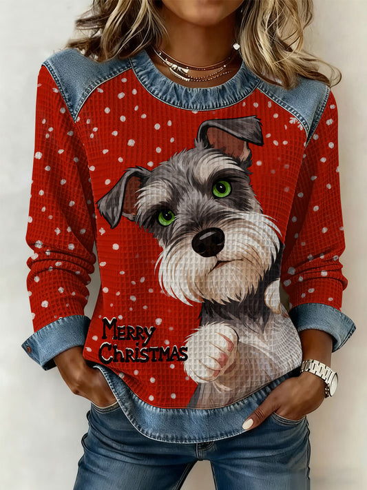 Women's Vintage Christmas Dog Denim Patchwork Sweatshirt