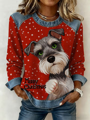 Women's Vintage Christmas Dog Denim Patchwork Sweatshirt
