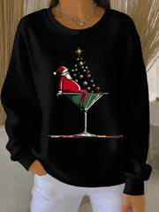 Women's Santa Claus Printed Ribbed Round-Neck Sweatshirt