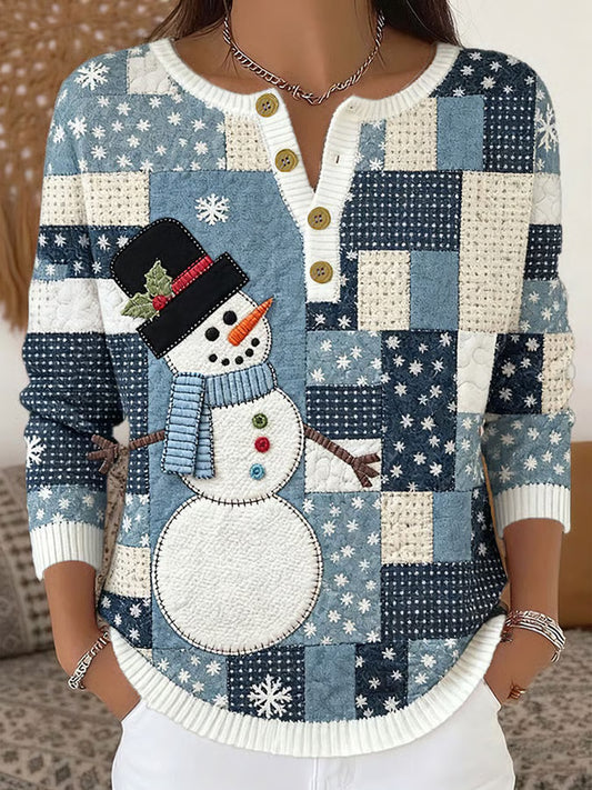 Women's Christmas Snowman Print Button Top