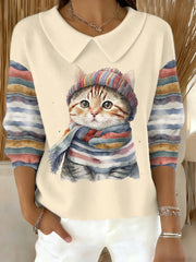 Women‘s Cute Winter Cat Print Cat Lovers Casual Doll Collar Top