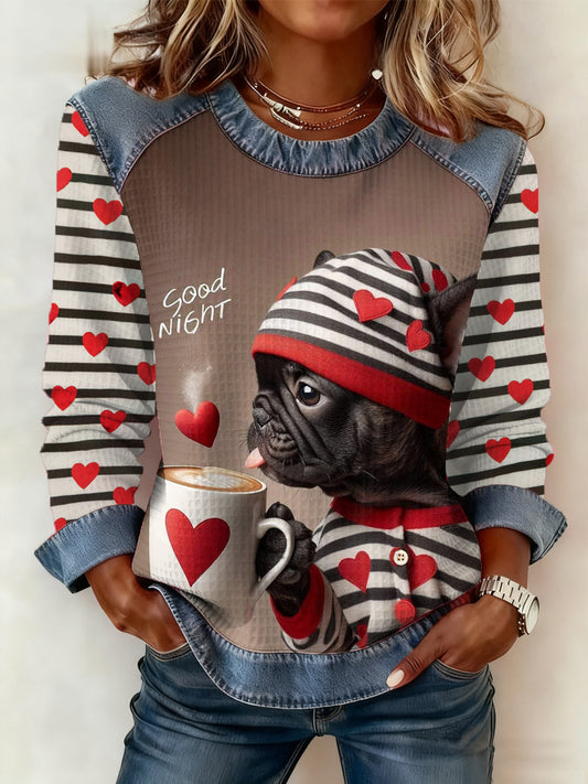 Women‘s Cute Winter Dog Print Cat Lovers Casual Sweatshirt