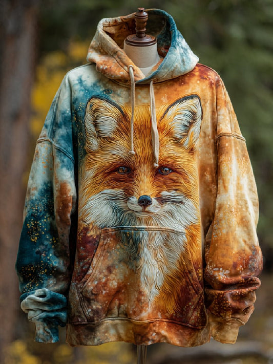 Men's Fox Art Print Casual Hoodie