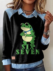 Women's Funny 67 Six Seven Portland Frog Printed  Casual Long Sleeve Top
