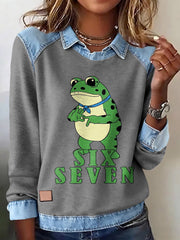 Women's Funny 67 Six Seven Portland Frog Printed  Casual Long Sleeve Top