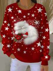 Women's Christmas Cute Sleeping Cat Stars Art  Ribbed Round-Neck Sweatshirt