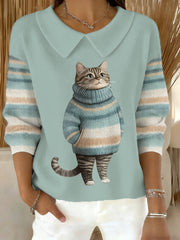 Women's Cute Winter Cat Print Cat Lovers Casual Doll Collar Top